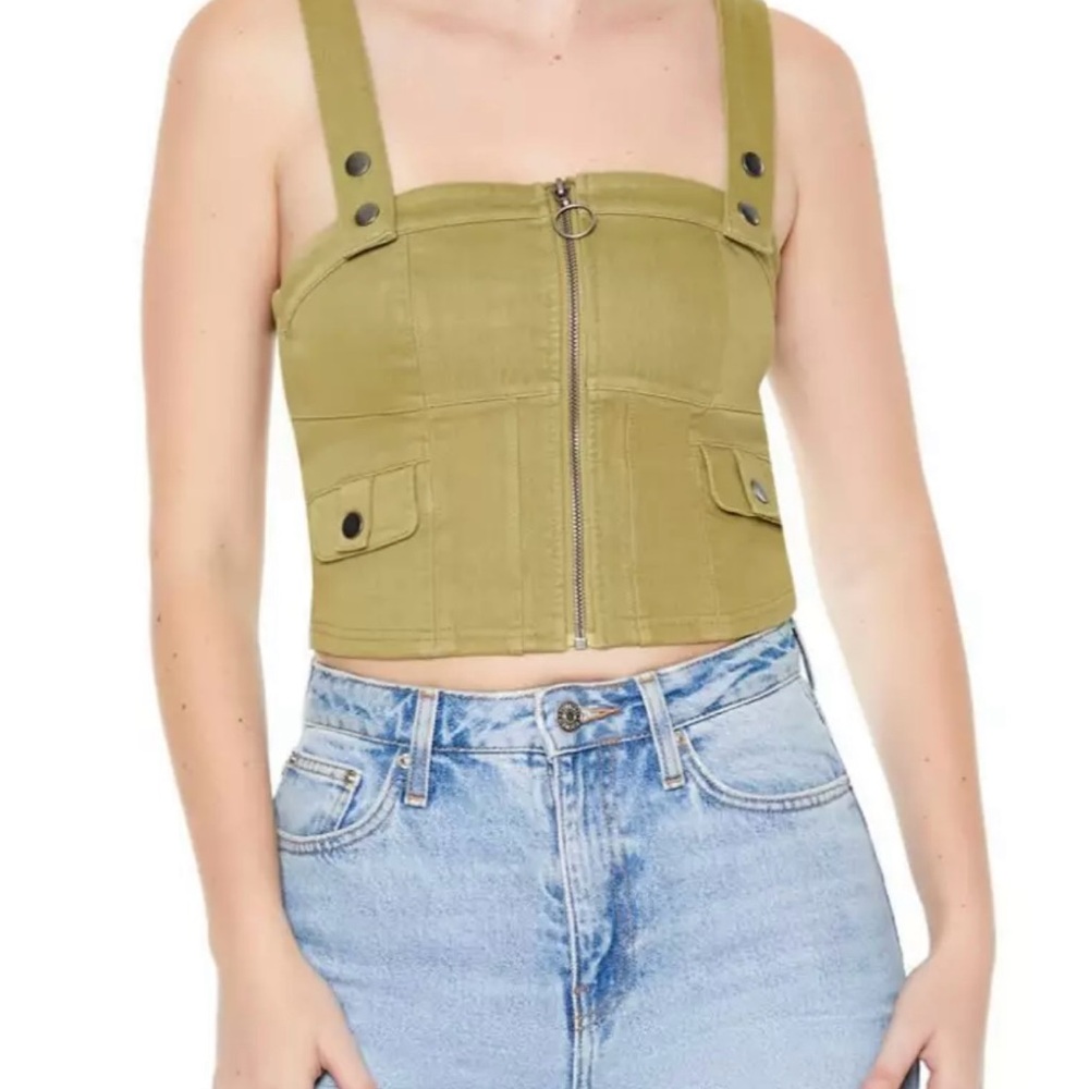 Forever 21 Green Denim Zip-Up Crop Top | Size M
